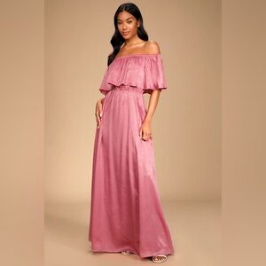 NWT Lulus Mauve Pink Romantic Satin Off-the-Shoulder Maxi Boho Chic Dress Gown M